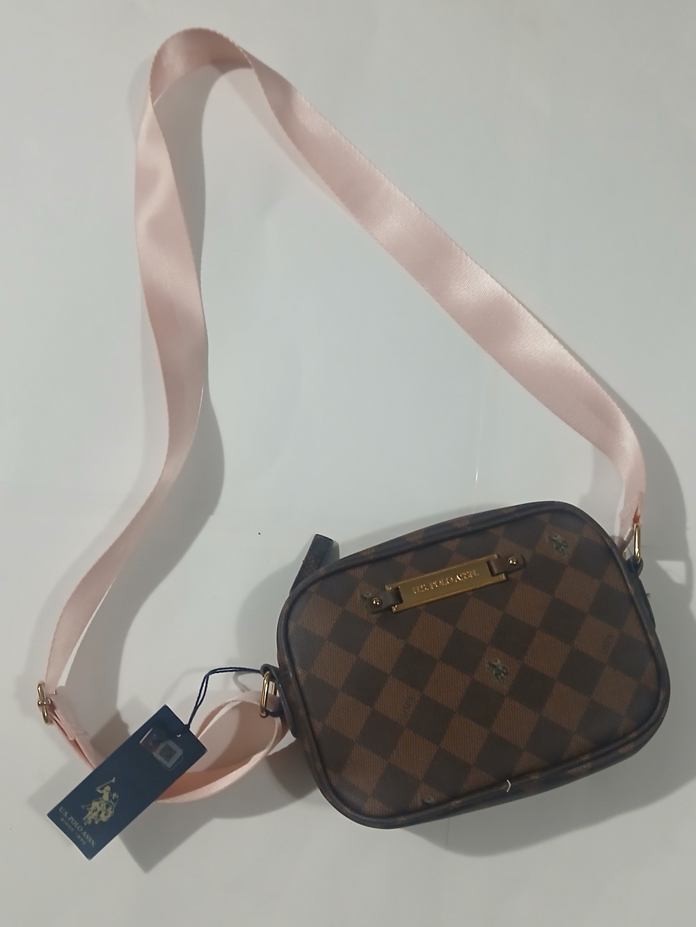 U.S. Polo Assn. Brown Checker Crossbody with Pink Strap
